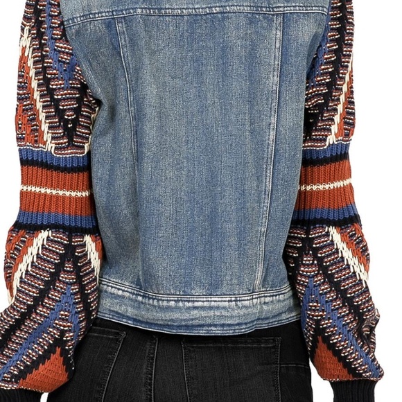 Flying Tomato Boho Women's Denim Jacket with Multicolor Knit Sweater Sleeves L - Picture 2 of 8